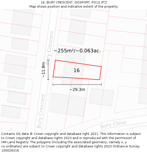 16, BURY CRESCENT, GOSPORT, PO12 3TZ: Plot and title map