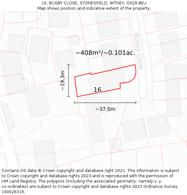 16, BUSBY CLOSE, STONESFIELD, WITNEY, OX29 8EU: Plot and title map