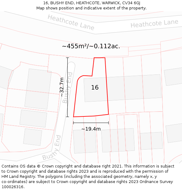 16, BUSHY END, HEATHCOTE, WARWICK, CV34 6GJ: Plot and title map