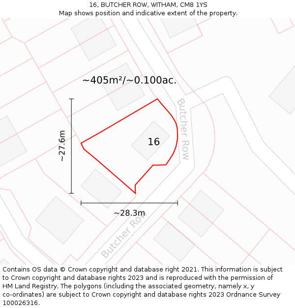 16, BUTCHER ROW, WITHAM, CM8 1YS: Plot and title map