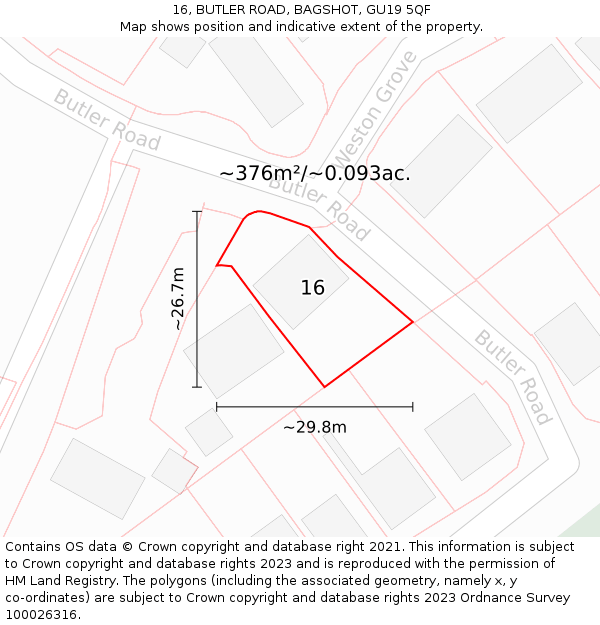 16, BUTLER ROAD, BAGSHOT, GU19 5QF: Plot and title map