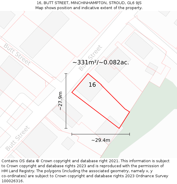 16, BUTT STREET, MINCHINHAMPTON, STROUD, GL6 9JS: Plot and title map