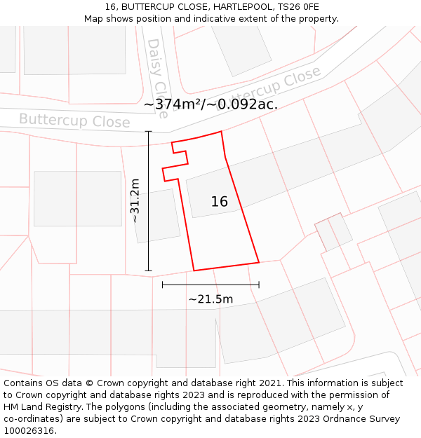 16, BUTTERCUP CLOSE, HARTLEPOOL, TS26 0FE: Plot and title map