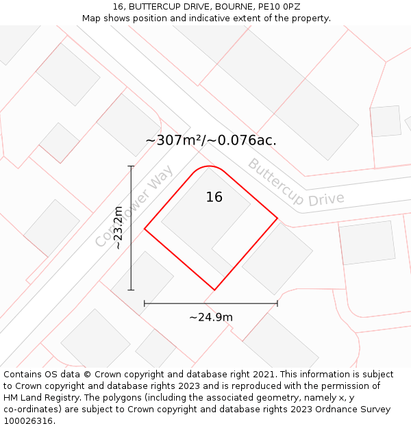 16, BUTTERCUP DRIVE, BOURNE, PE10 0PZ: Plot and title map