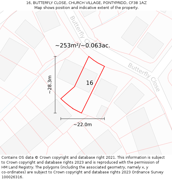 16, BUTTERFLY CLOSE, CHURCH VILLAGE, PONTYPRIDD, CF38 1AZ: Plot and title map