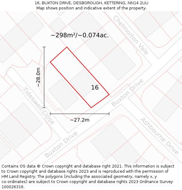 16, BUXTON DRIVE, DESBOROUGH, KETTERING, NN14 2UU: Plot and title map