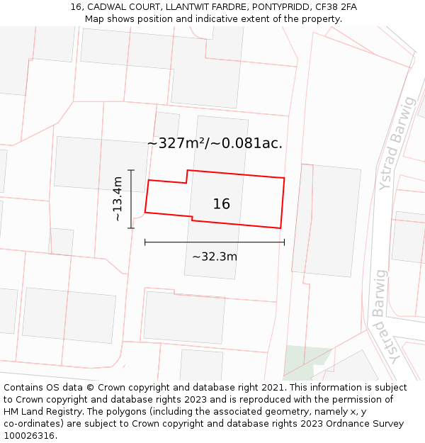 16, CADWAL COURT, LLANTWIT FARDRE, PONTYPRIDD, CF38 2FA: Plot and title map