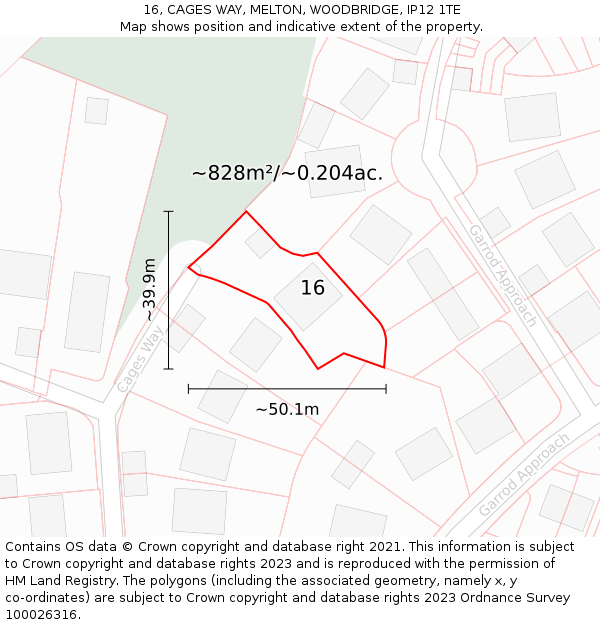 16, CAGES WAY, MELTON, WOODBRIDGE, IP12 1TE: Plot and title map