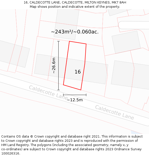 16, CALDECOTTE LANE, CALDECOTTE, MILTON KEYNES, MK7 8AH: Plot and title map