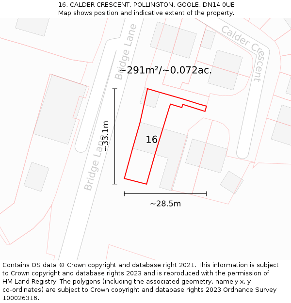 16, CALDER CRESCENT, POLLINGTON, GOOLE, DN14 0UE: Plot and title map