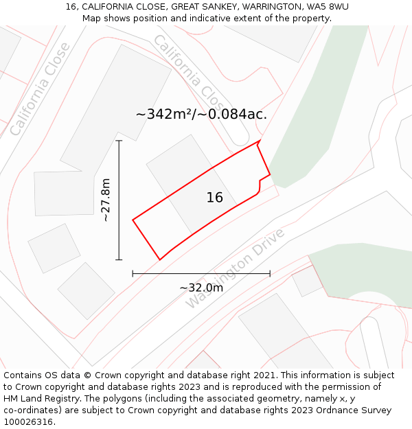 16, CALIFORNIA CLOSE, GREAT SANKEY, WARRINGTON, WA5 8WU: Plot and title map