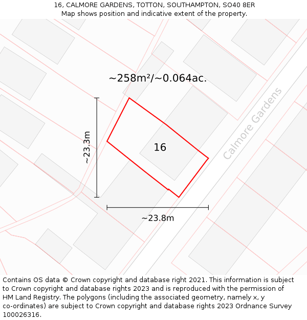 16, CALMORE GARDENS, TOTTON, SOUTHAMPTON, SO40 8ER: Plot and title map