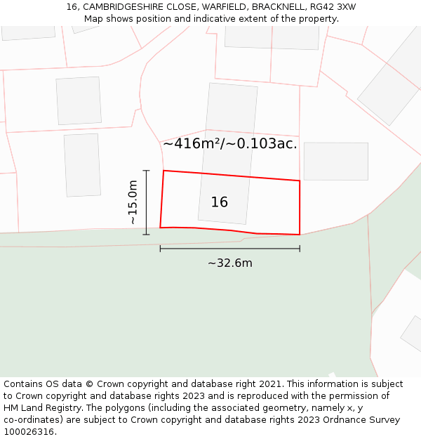 16, CAMBRIDGESHIRE CLOSE, WARFIELD, BRACKNELL, RG42 3XW: Plot and title map