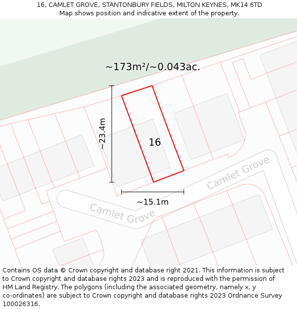 16, CAMLET GROVE, STANTONBURY FIELDS, MILTON KEYNES, MK14 6TD: Plot and title map