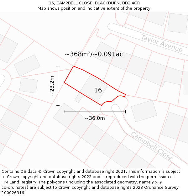 16, CAMPBELL CLOSE, BLACKBURN, BB2 4GR: Plot and title map