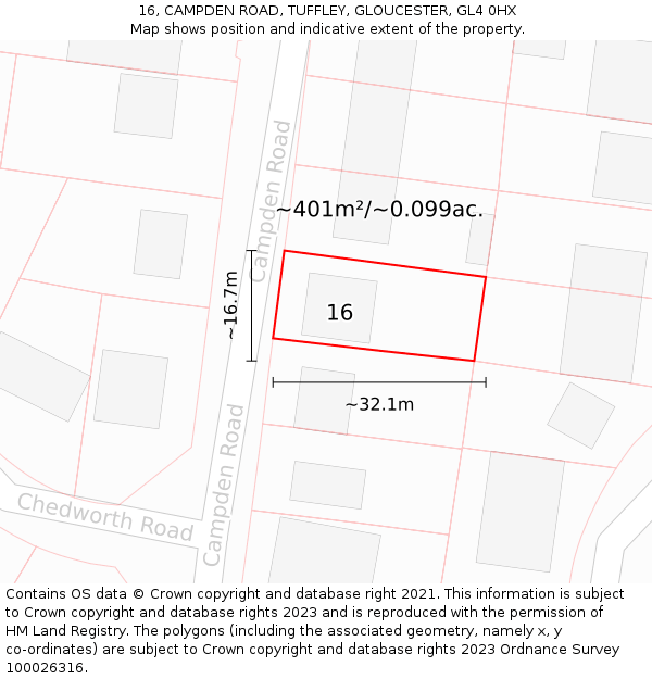 16, CAMPDEN ROAD, TUFFLEY, GLOUCESTER, GL4 0HX: Plot and title map