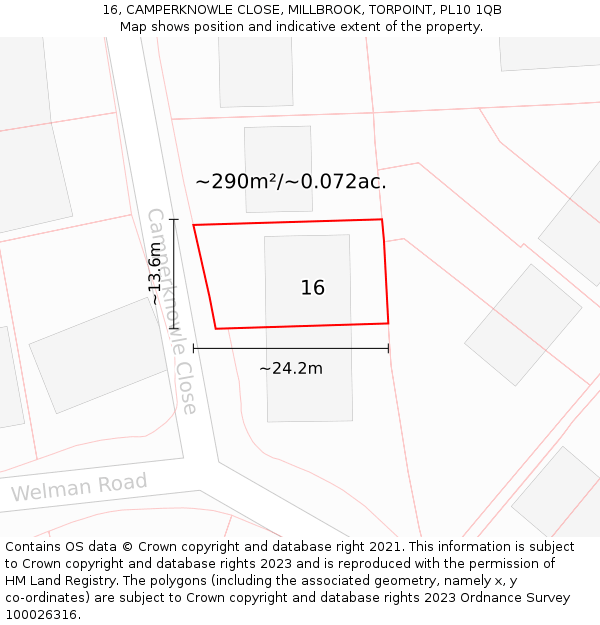 16, CAMPERKNOWLE CLOSE, MILLBROOK, TORPOINT, PL10 1QB: Plot and title map