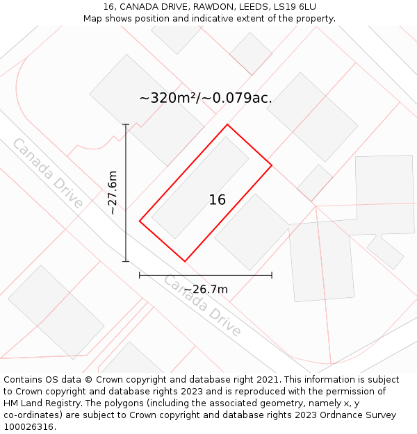 16, CANADA DRIVE, RAWDON, LEEDS, LS19 6LU: Plot and title map