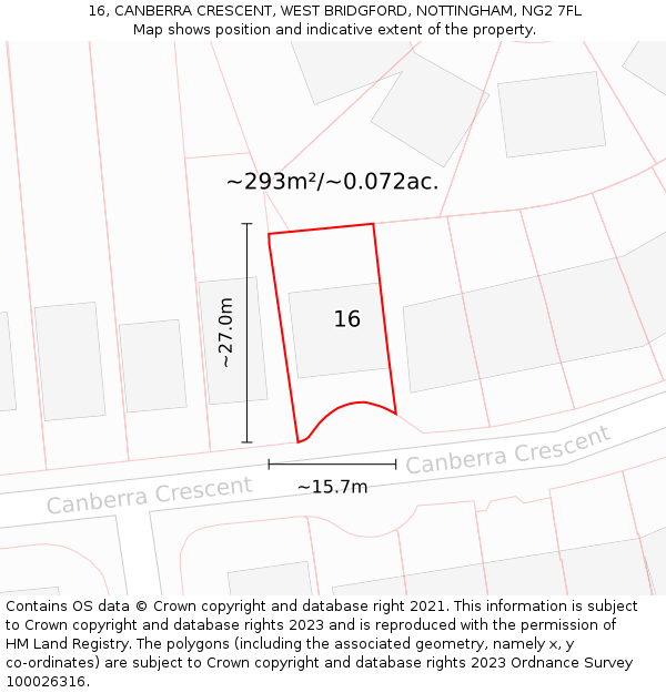 16, CANBERRA CRESCENT, WEST BRIDGFORD, NOTTINGHAM, NG2 7FL: Plot and title map