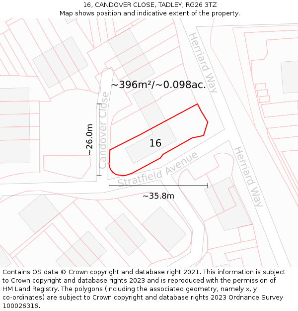 16, CANDOVER CLOSE, TADLEY, RG26 3TZ: Plot and title map