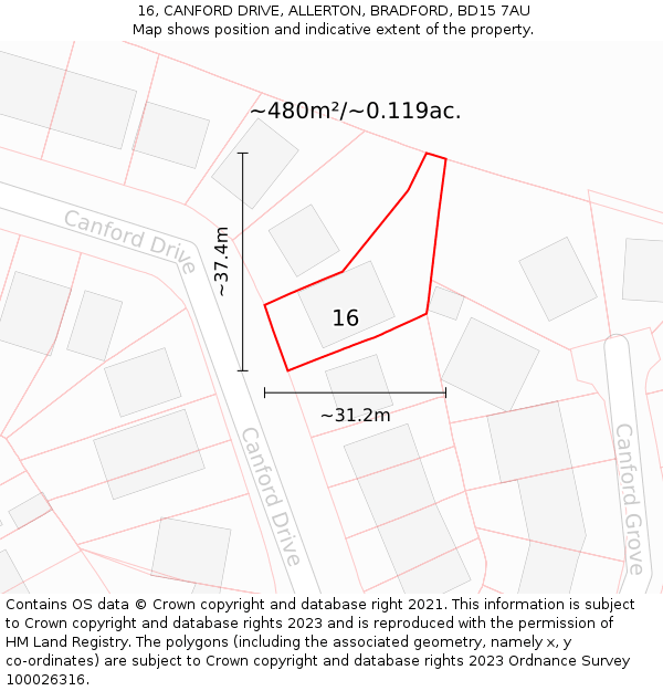 16, CANFORD DRIVE, ALLERTON, BRADFORD, BD15 7AU: Plot and title map