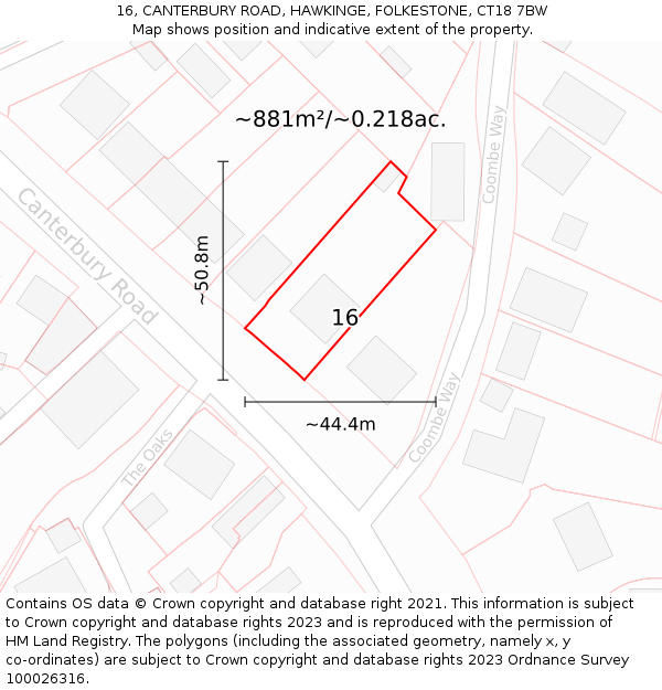 16, CANTERBURY ROAD, HAWKINGE, FOLKESTONE, CT18 7BW: Plot and title map