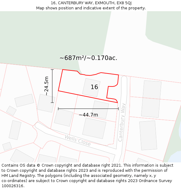 16, CANTERBURY WAY, EXMOUTH, EX8 5QJ: Plot and title map