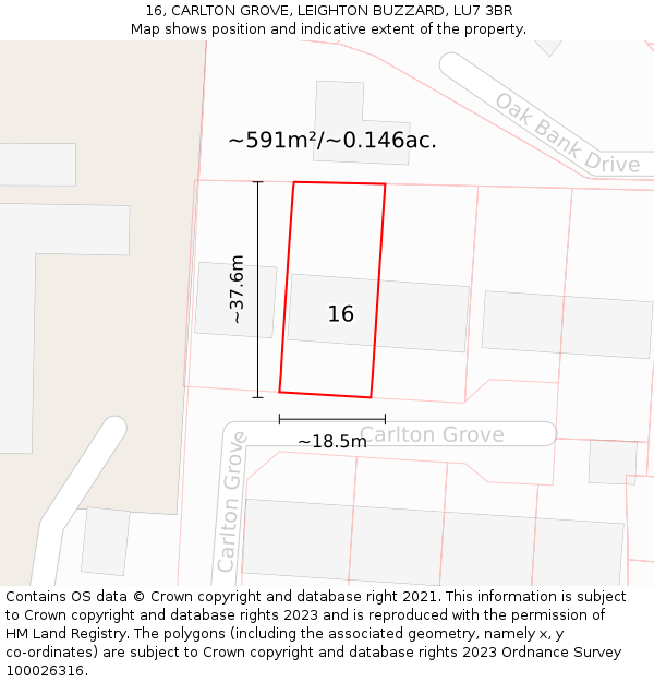 16, CARLTON GROVE, LEIGHTON BUZZARD, LU7 3BR: Plot and title map
