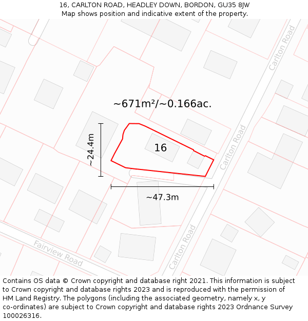 16, CARLTON ROAD, HEADLEY DOWN, BORDON, GU35 8JW: Plot and title map