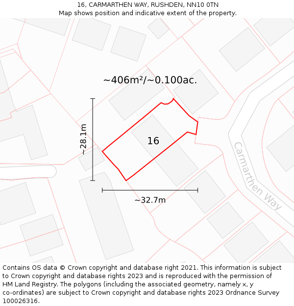 16, CARMARTHEN WAY, RUSHDEN, NN10 0TN: Plot and title map