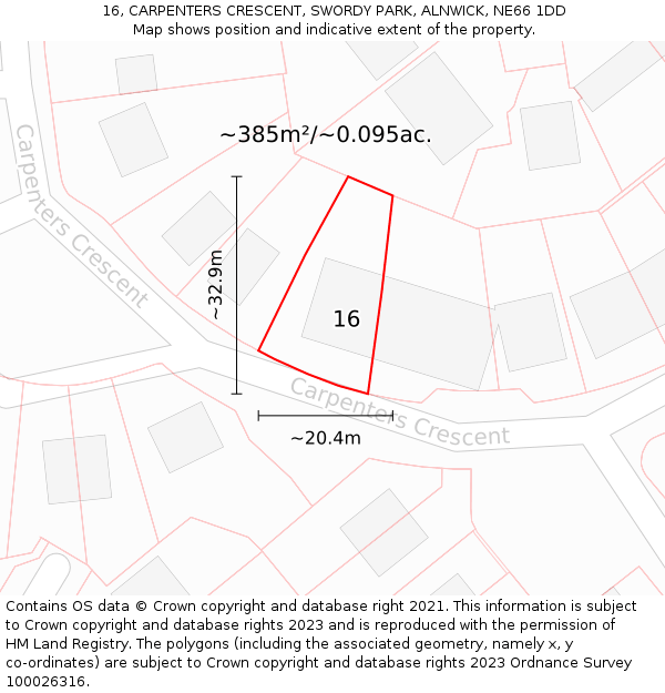 16, CARPENTERS CRESCENT, SWORDY PARK, ALNWICK, NE66 1DD: Plot and title map