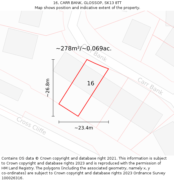 16, CARR BANK, GLOSSOP, SK13 8TT: Plot and title map