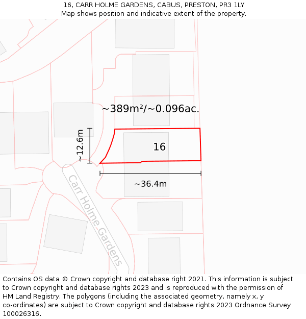 16, CARR HOLME GARDENS, CABUS, PRESTON, PR3 1LY: Plot and title map