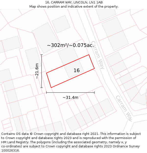 16, CARRAM WAY, LINCOLN, LN1 1AB: Plot and title map