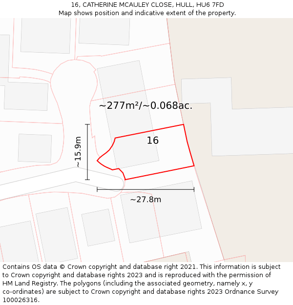 16, CATHERINE MCAULEY CLOSE, HULL, HU6 7FD: Plot and title map
