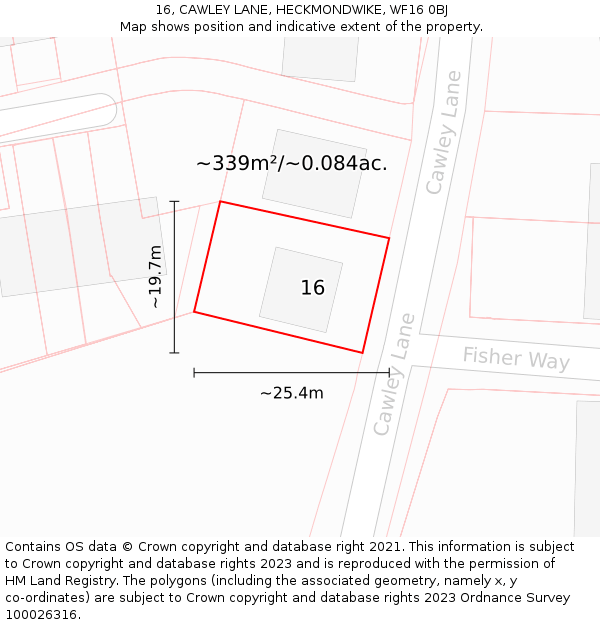 16, CAWLEY LANE, HECKMONDWIKE, WF16 0BJ: Plot and title map