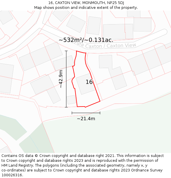 16, CAXTON VIEW, MONMOUTH, NP25 5DJ: Plot and title map