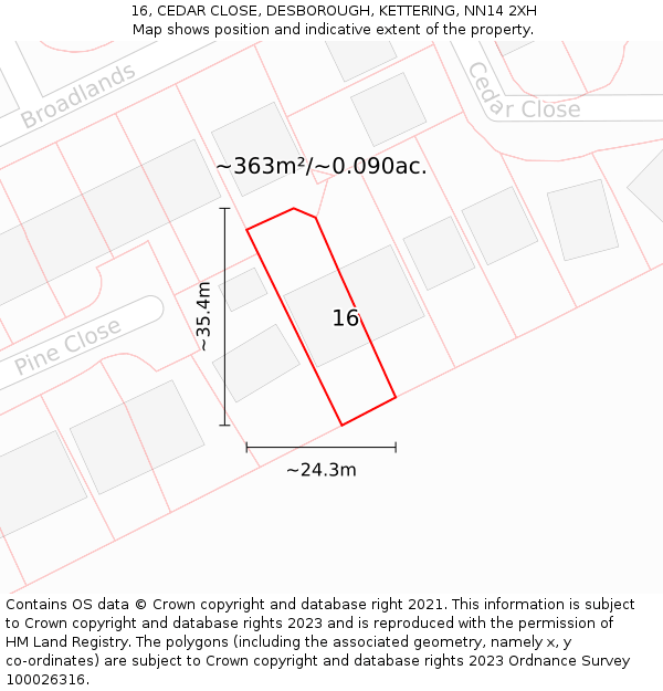 16, CEDAR CLOSE, DESBOROUGH, KETTERING, NN14 2XH: Plot and title map