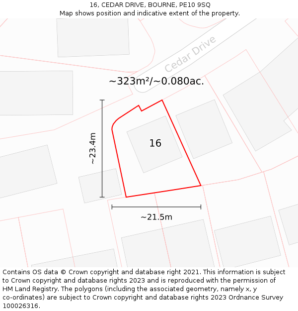 16, CEDAR DRIVE, BOURNE, PE10 9SQ: Plot and title map