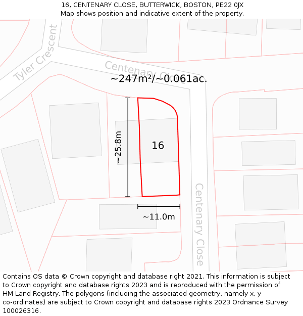 16, CENTENARY CLOSE, BUTTERWICK, BOSTON, PE22 0JX: Plot and title map