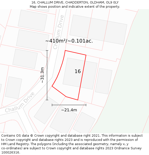 16, CHALLUM DRIVE, CHADDERTON, OLDHAM, OL9 0LY: Plot and title map