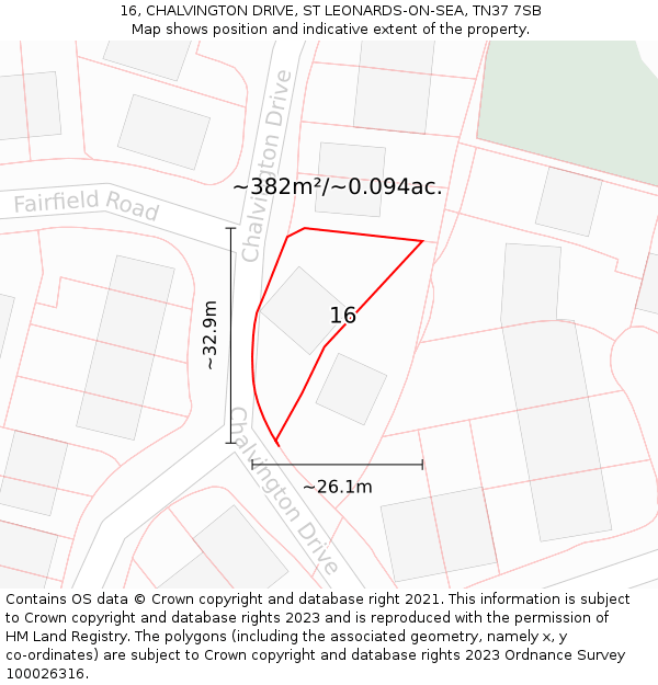 16, CHALVINGTON DRIVE, ST LEONARDS-ON-SEA, TN37 7SB: Plot and title map