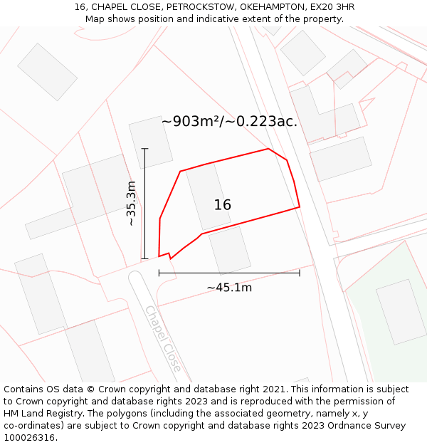 16, CHAPEL CLOSE, PETROCKSTOW, OKEHAMPTON, EX20 3HR: Plot and title map