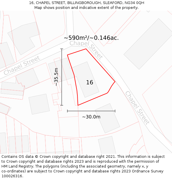 16, CHAPEL STREET, BILLINGBOROUGH, SLEAFORD, NG34 0QH: Plot and title map