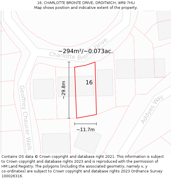 16, CHARLOTTE BRONTE DRIVE, DROITWICH, WR9 7HU: Plot and title map