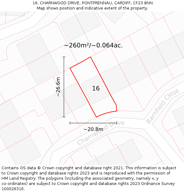 16, CHARNWOOD DRIVE, PONTPRENNAU, CARDIFF, CF23 8NN: Plot and title map