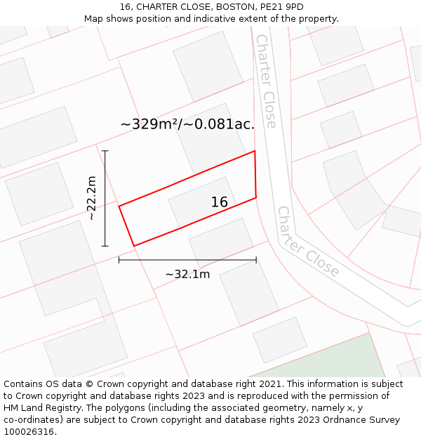 16, CHARTER CLOSE, BOSTON, PE21 9PD: Plot and title map