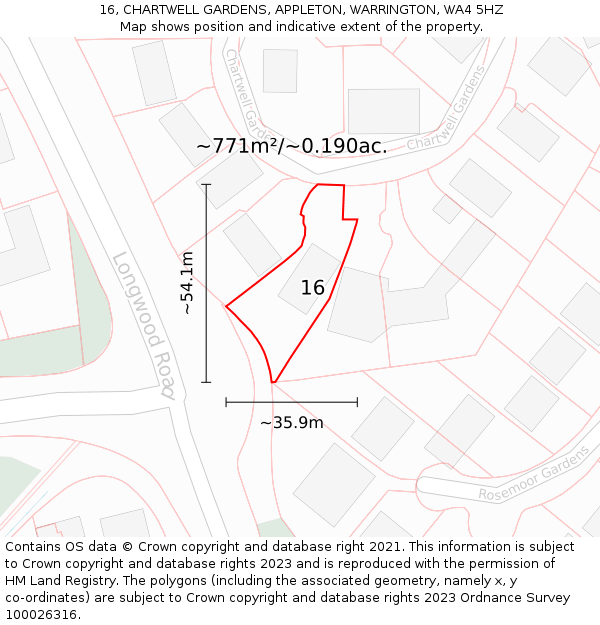 16, CHARTWELL GARDENS, APPLETON, WARRINGTON, WA4 5HZ: Plot and title map