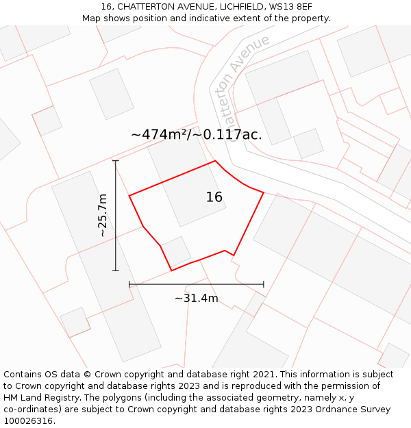 16, CHATTERTON AVENUE, LICHFIELD, WS13 8EF: Plot and title map