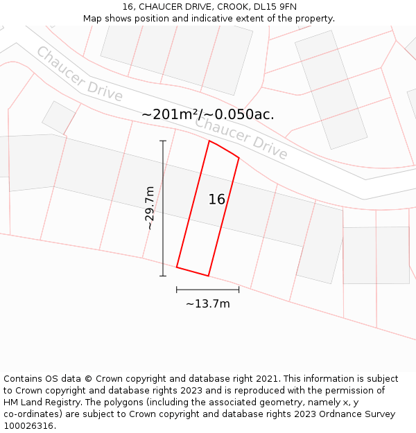 16, CHAUCER DRIVE, CROOK, DL15 9FN: Plot and title map